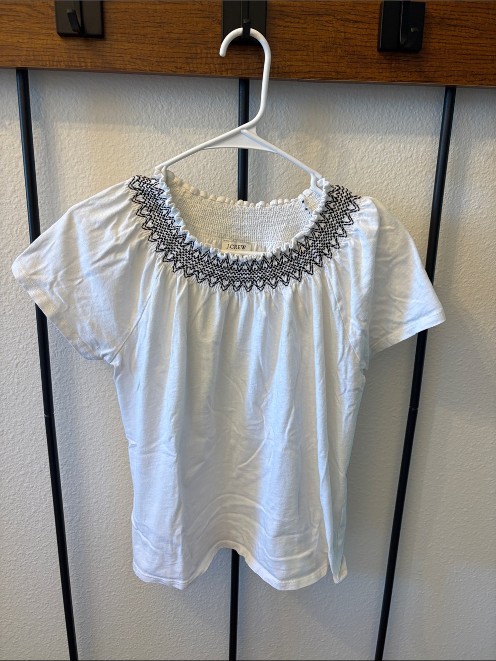 J. Crew White Short Sleeve Top with Black Smocked Neck